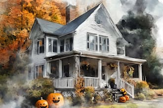 create digital halloween watercolor portrait of your house