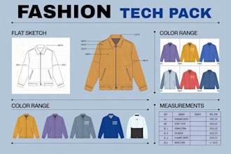 design fashion clothing apparel technical flats sketch tech packs and garments