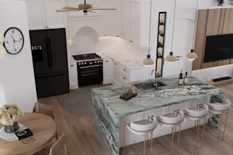 do HD kitchen living bedroom rendering, interior design, 3d floor plan kids room