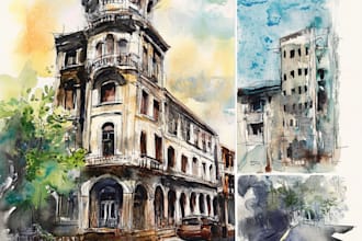 hand draw watercolor house  paintings