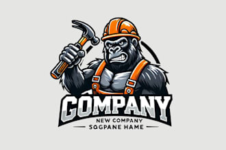 design a gorilla construction worker holding hammer mascot logo
