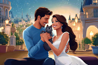draw your couple into lovely disney cartoon portrait