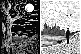 draw a line illustration, a linocut or an engraving