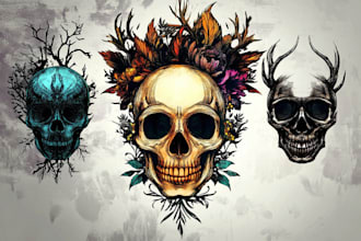 design unique skull art in any style, tattoos, prints, logo, t shirts and more