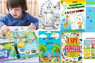 design kids activity book, puzzle book, crossword, dot to dot, puzzle pics, maze