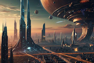 draw a sci fi and science fiction futuristic city art