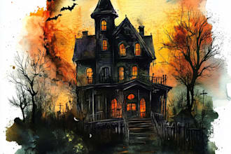 create watercolor halloween house and halloween illustration