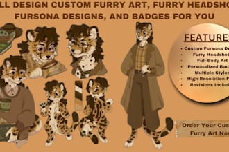 draw custom furry art, fursona character designs, furry headshots, badge for you