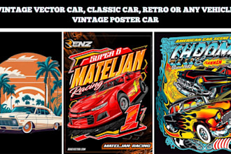draw car art in vintage or retro style for t shirt design with an 80s