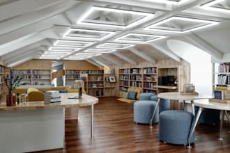 renovate library interior,private office design, cgi rendering,desk walkthrough