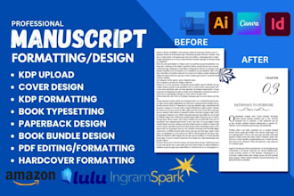 format manuscript, book typesetting, paperback design, format PDF, cover design