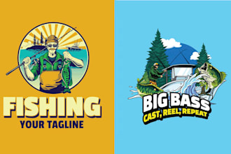 design retro outdoor mountain mascot fishing logo