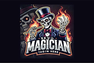 make skull magician cartoon, character mascot logo for your company