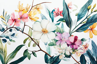 create botanical illustration of flowers, plants, and fruits