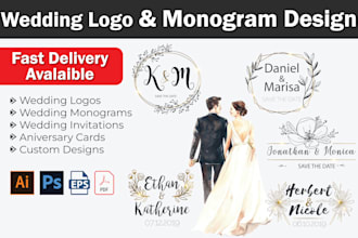 do eye catchy wedding logo, wedding monogram, greeting card