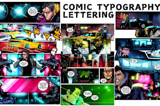 comic book graphics novel lettering, 3d typography font logo webtoon, webcomic