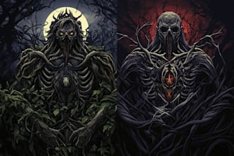 create a dark art illustration using an engraving technique