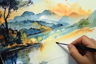 draw watercolor landscape scenery hand drawing illustration
