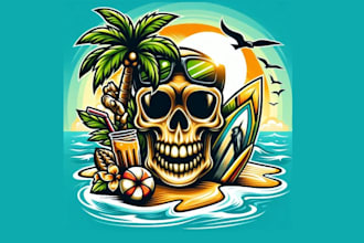 design beach, surfer skull, head, mascot logo with unlimited revision