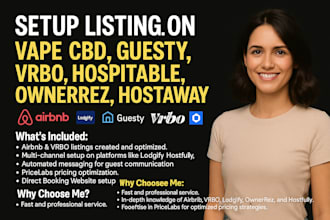 setup listing on airbnb, lodgify, guesty, vrbo, hospitable, ownerrez, hostaway