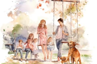 paint a family portrait into a digital watercolor painting with oil painting