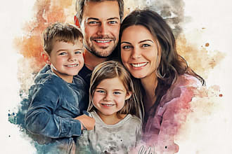 paint a family portrait into a digital watercolor painting with oil painting