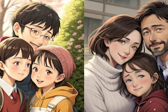 make your kids, family and friendship portraits in anime art