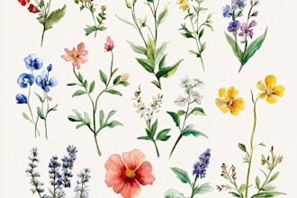 watercolor botanical illustrations of flowers and plants