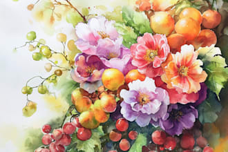 paint flowers, plants and fruits in watercolor