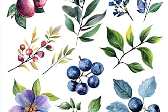create digital botanical watercolor clipart of flowers, leaves, fruits, plants
