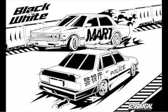 draw line art with manga style for cars, and other vehicles