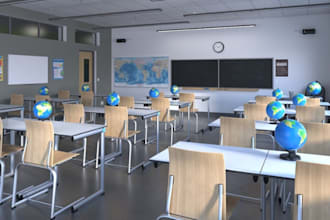 do 2d floor, 3d interior design, classroom, library, lecture room, class hall,
