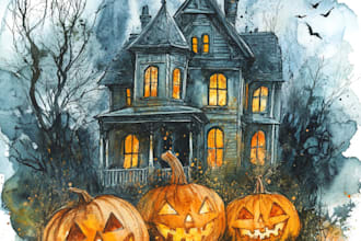create watercolor halloween house and halloween illustration