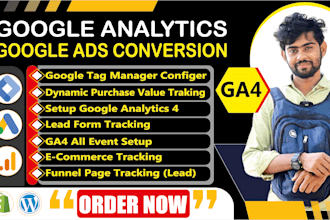 setup google analytics, ads conversion tracking, ga4 ecommerce tracking by GTM