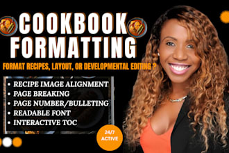 do meal plan formatting, recipe layout design, and cookbook image formatting