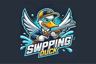 do swimming duck cartoon, character mascot logo for your company