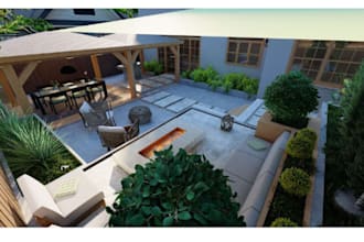 design landscape, backyard, frontyard, garden, pool, patio, 3d render and model