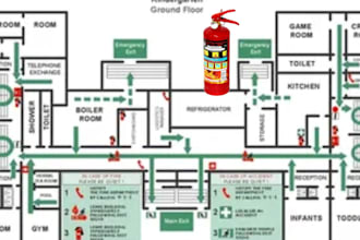 do design fire safety plan, evacuation route, fire hydrant, alarm and sprinkler
