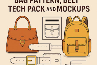 fashion handbag, backpack, bag pattern, belt tech pack and mockup design