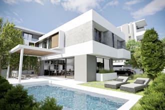 render 8k luxurious 3d house exterior mockup design,3d pool, apartment elevation