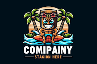 design a custom tiki surfboard mascot logo for your brand