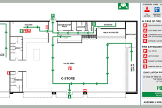 design fire evacuation plan, diagram, emergency and egress plan