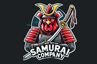 design a powerful samurai rooster mascot logo for your brand or team