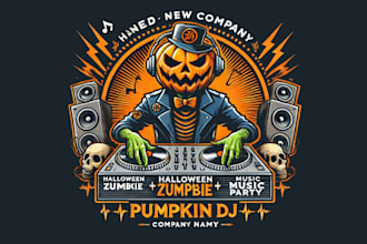 design a spooky halloween pumpkin zombie dj music party logo