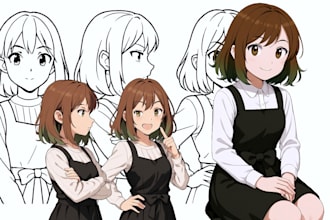 design anime, manga 2d style character sheet, concept art