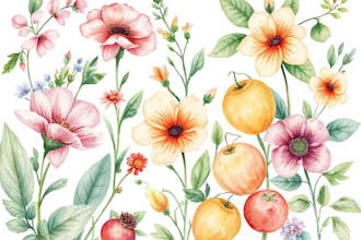 make watercolor botanical illustration of flowers, plants and fruits