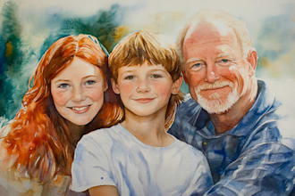 painting realistic family portrait or group watercolor style