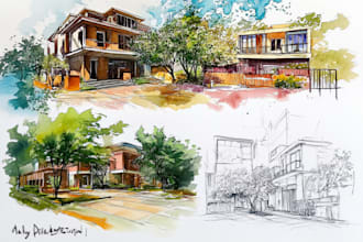 draw architecture and landscape architectural watercolor drawing
