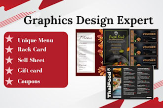 design unique menu, rack card, sell sheet, podcast cover, kiosk design