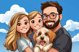 draw cartoon pet portrait, family portrait in disney style
